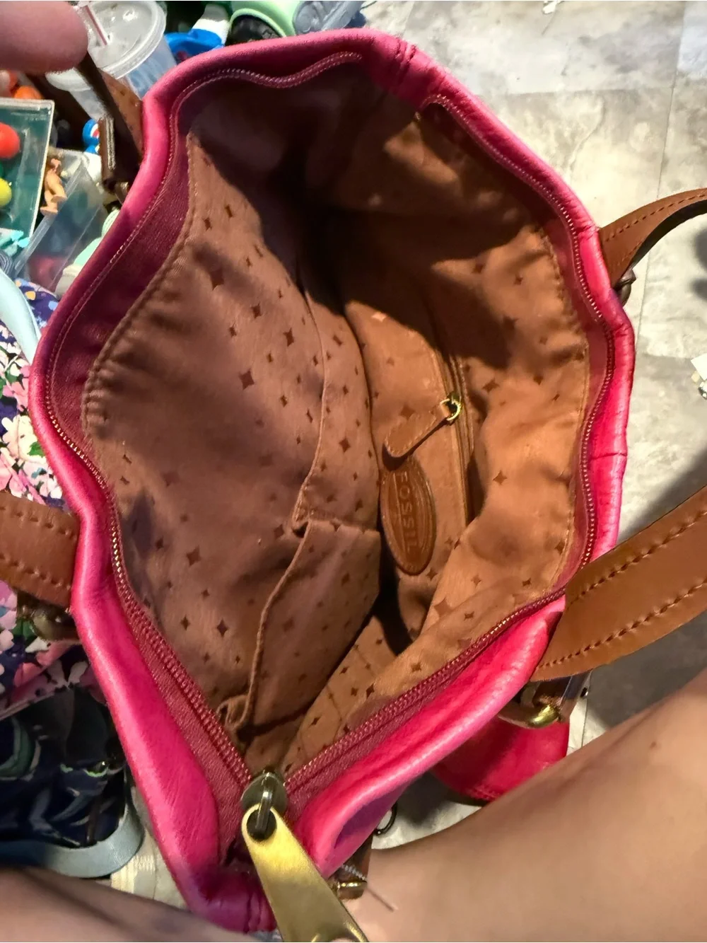 Fossil Hot Pink Leather Tote with Gold Logo